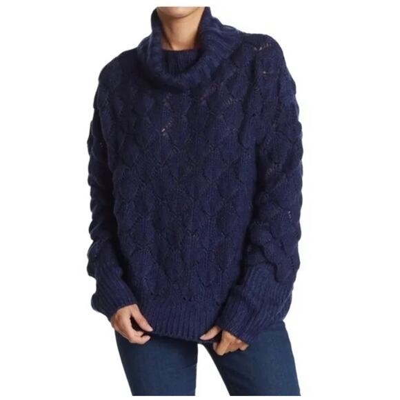 FRNCH Paris M/L Neola Sweater Cowlneck Pointelle Oversized Pullover Navy NWT - Picture 1 of 5